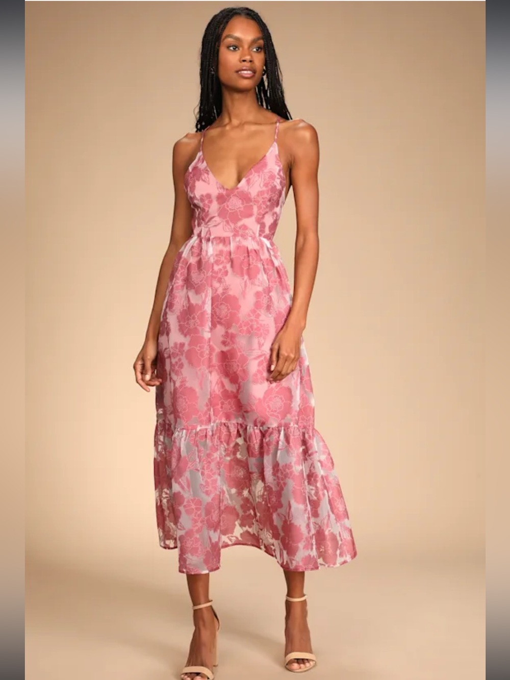 NWT Lulus Feeling Like Forever Rose Jacquard Organza Lace-Up Midi Dress Small